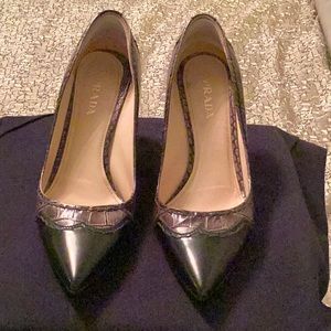 Prada 3 in ch crock detail brownish & black accent heal and toe.
